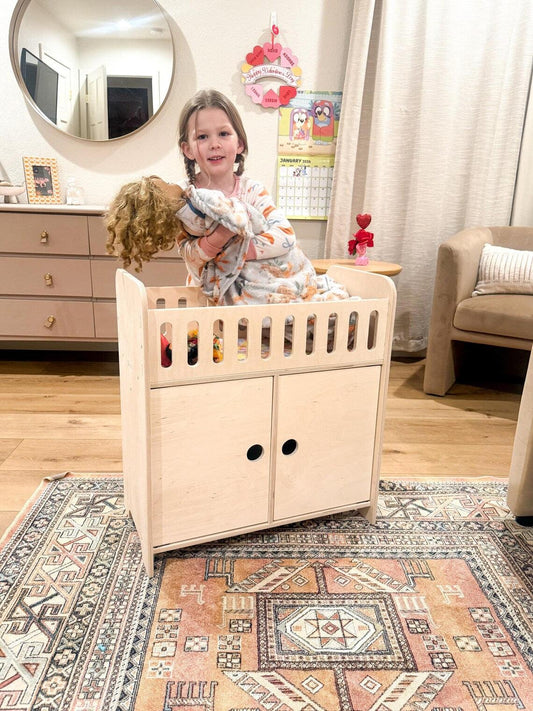 Furniture | Wooden Doll Crib With Storage | Fits 18in Dolls | Includes 4 Hangers