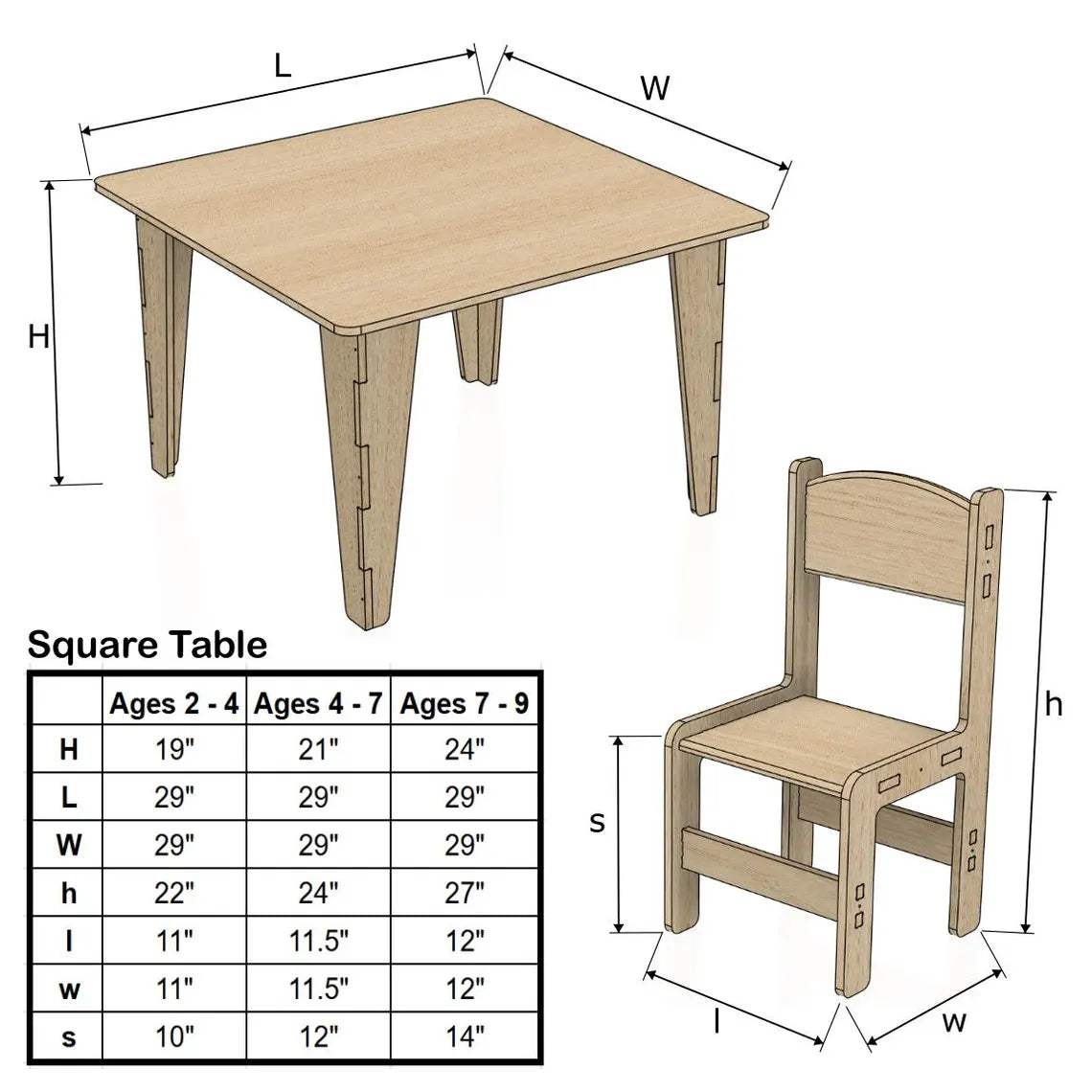 Square Table For Kids | Baltic Birch Plywood | Set Of Four Chairs | Playroom