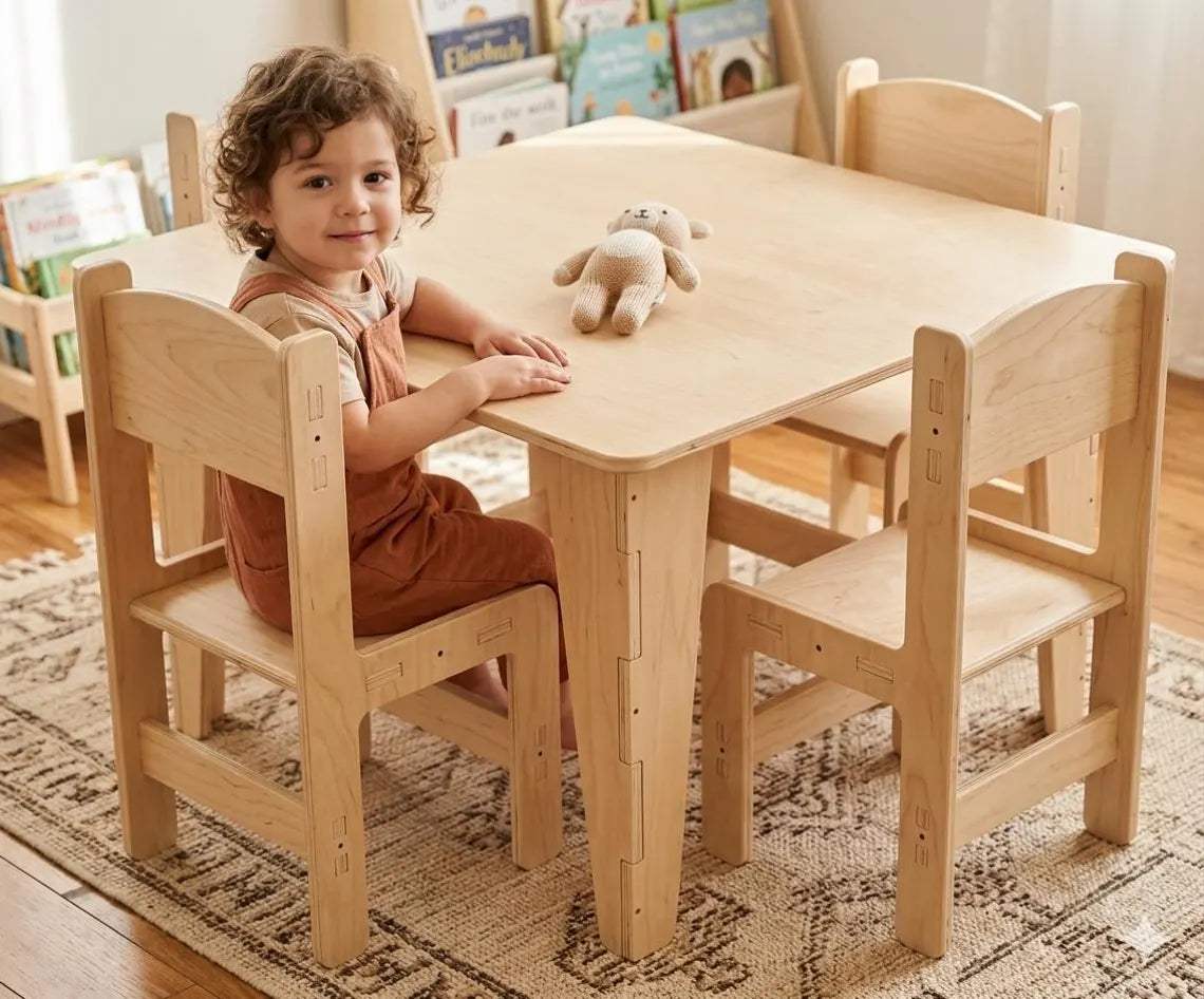 Square Table For Kids | Baltic Birch Plywood | Set Of Four Chairs | Playroom
