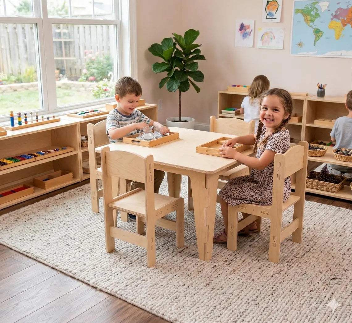 Square Table For Kids | Baltic Birch Plywood | Set Of Four Chairs | Playroom