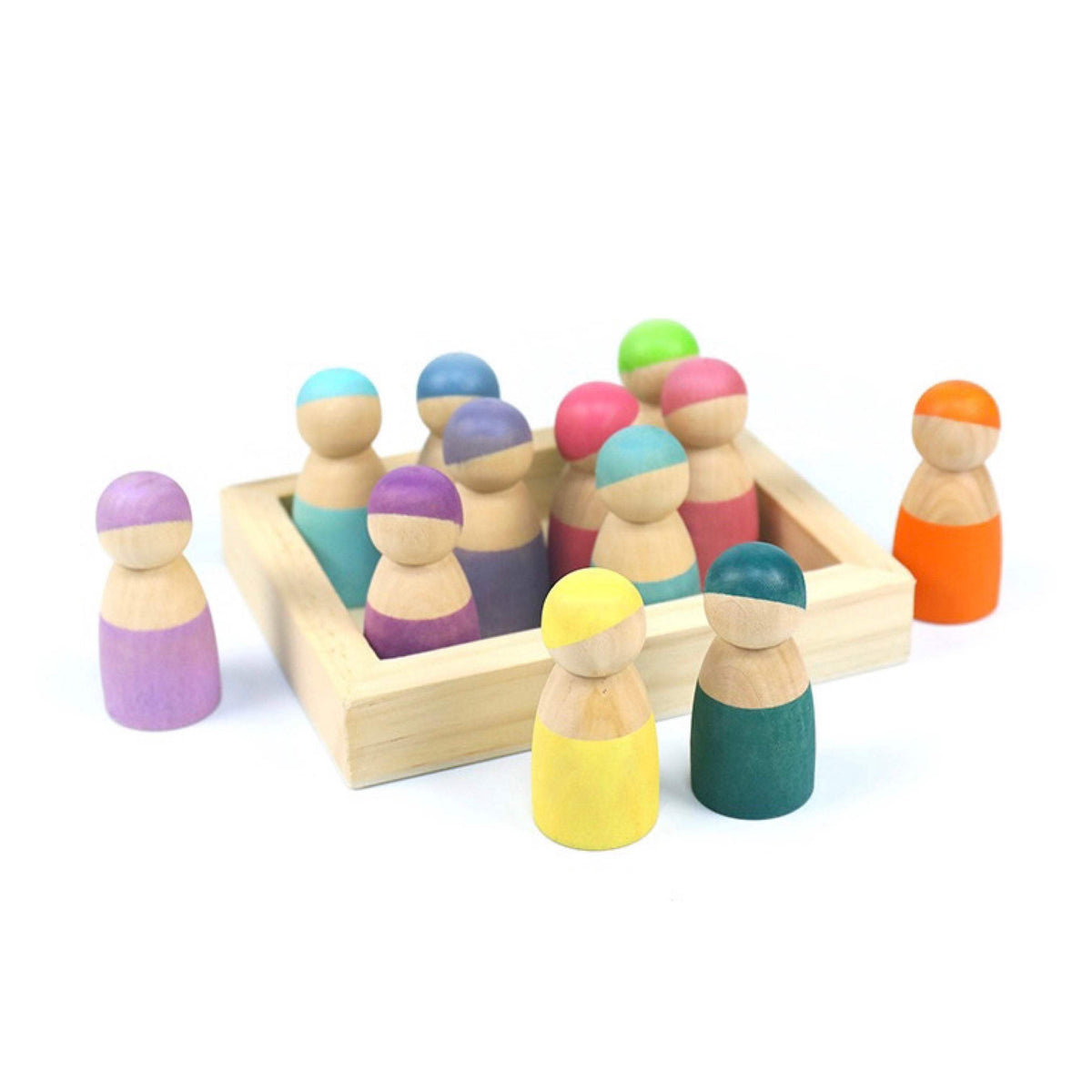 Peg Doll Set | 12 Piece Mini Size | Pastel Colors With Wooden Tray