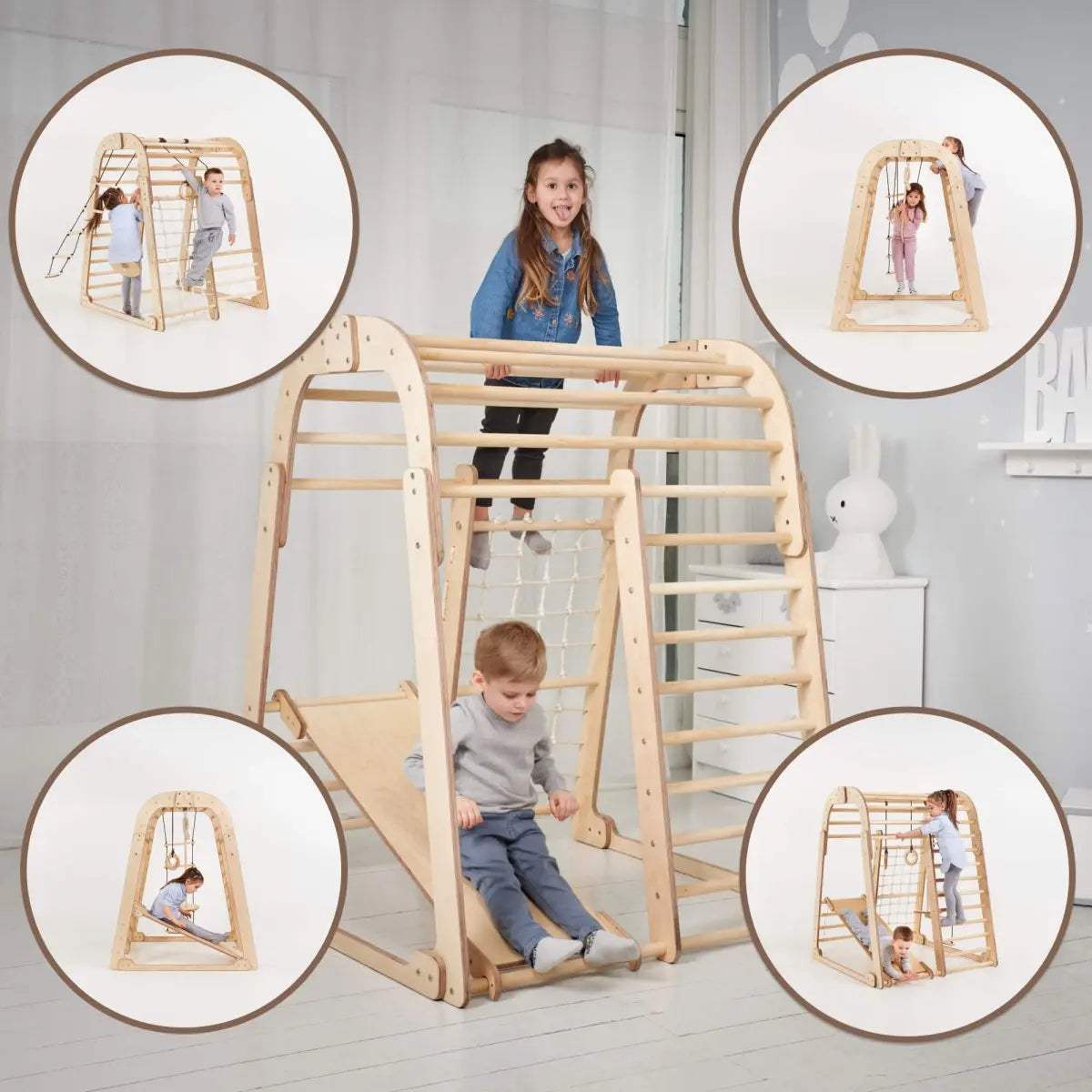 Wooden Indoor Playset | Montessori Climber | Slide And Swings Set | Ages 3 To 8