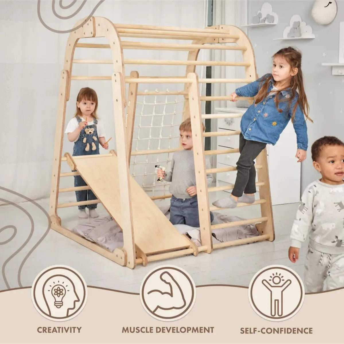 Wooden Indoor Playset | Montessori Climber | Slide And Swings Set | Ages 3 To 8