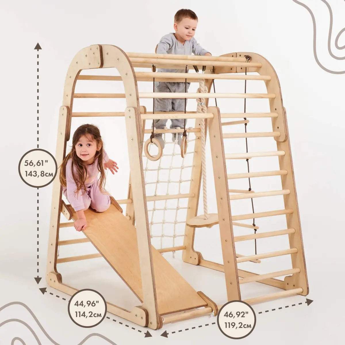 Wooden Indoor Playset | Montessori Climber | Slide And Swings Set | Ages 3 To 8