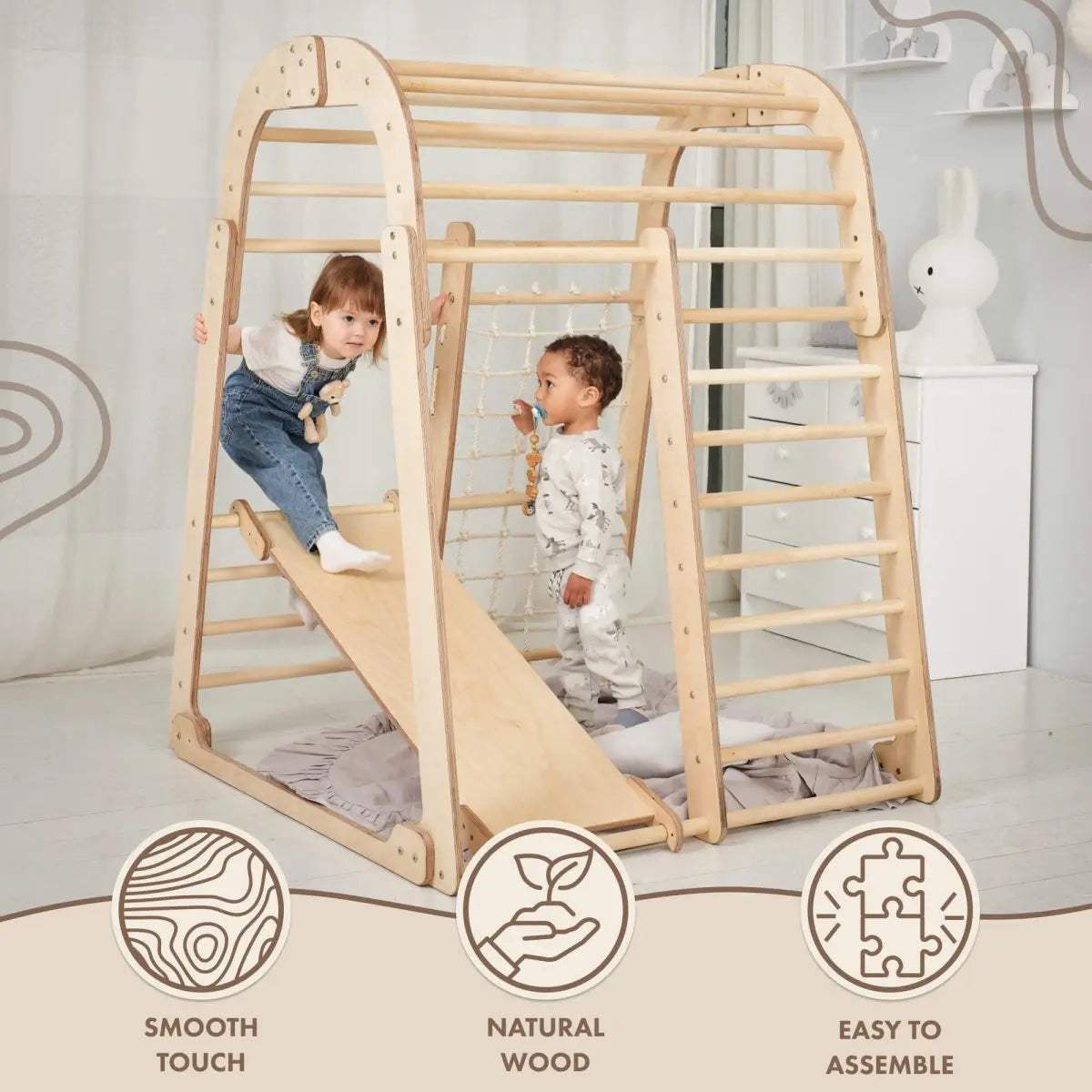 Wooden Indoor Playset | Montessori Climber | Slide And Swings Set | Ages 3 To 8