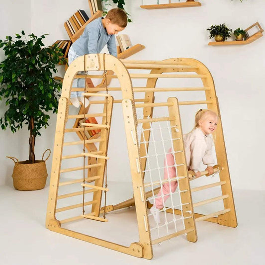 Wooden Indoor Playset | Montessori Climber | Slide And Swings Set | Ages 3 To 8