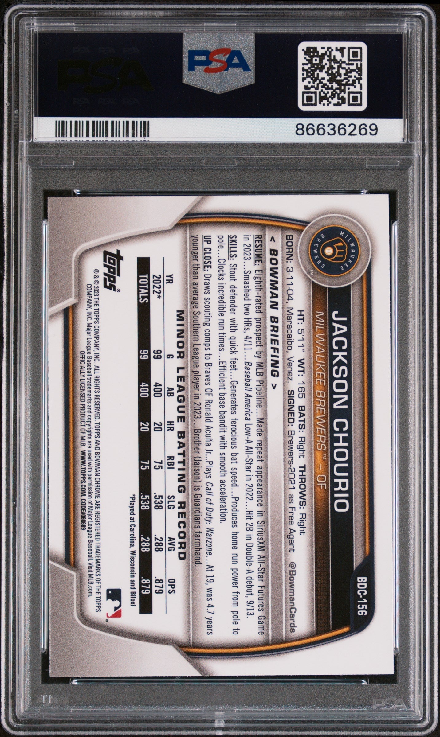 Bowman Draft Chrome Jackson Chourio PSA 10 Gem Mint Card