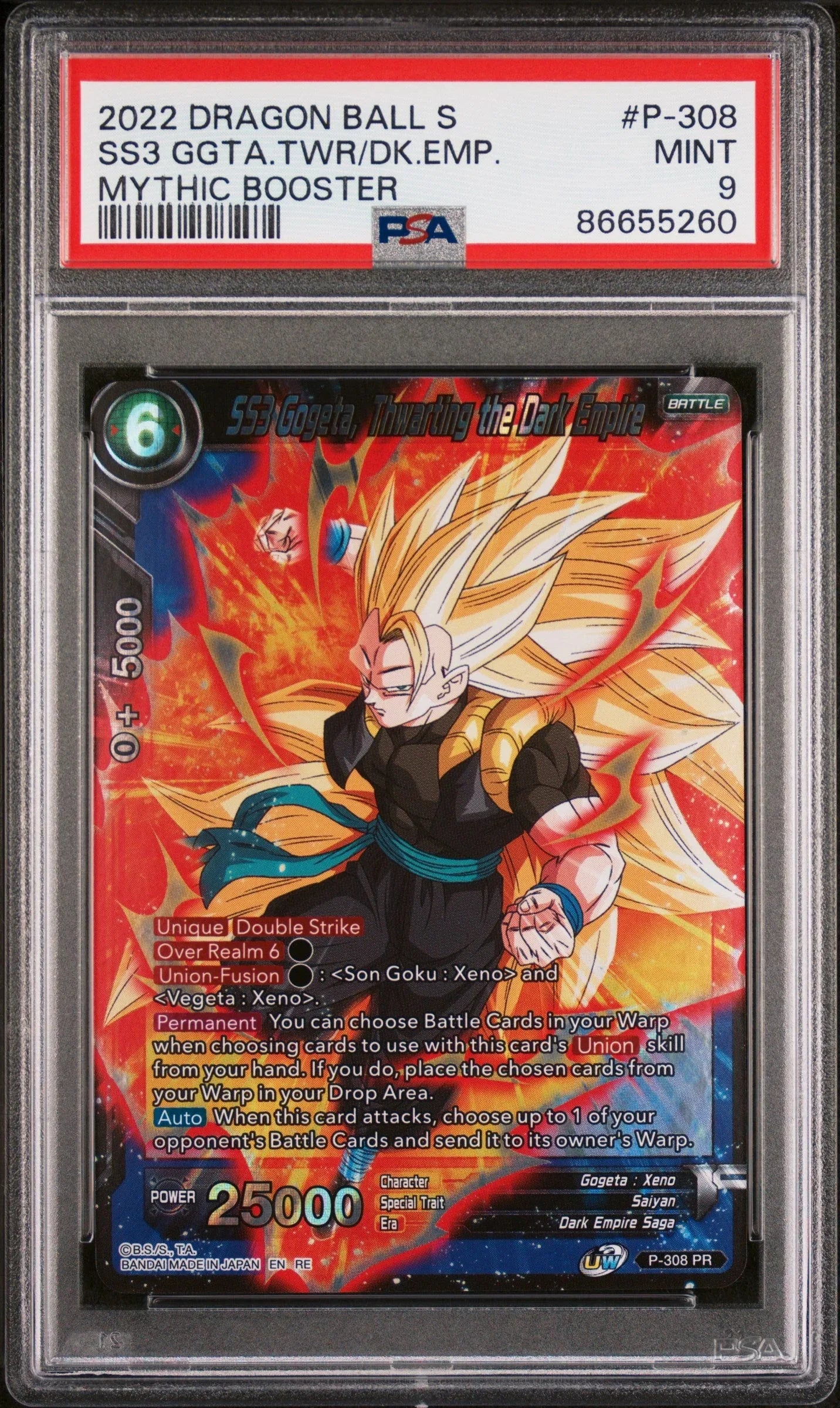 2022 DRAGON BALL SUPER MYTHIC BOOSTER SS3 GOGETA, THWRT/EMP #P-308 - PSA 9 - ToylandEU
