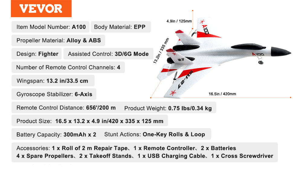 RC VEVOR SU27 2.4G Remote Control Glider Airplane with Dual Batteries - Foam Aircraft Toy for Children and Beginners