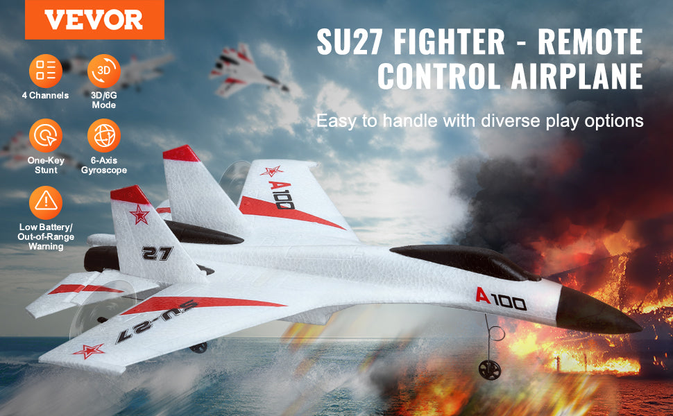 RC VEVOR SU27 2.4G Remote Control Glider Airplane with Dual Batteries - Foam Aircraft Toy for Children and Beginners