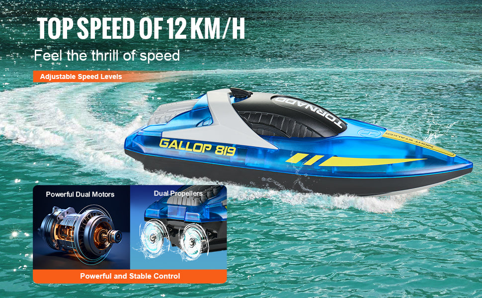 RC VEVOR HJ819 Fast RC Racing Boat - 2.4GHz Remote Control Water Speed Toy for Kids and Adults, Max Speed 12 km/h