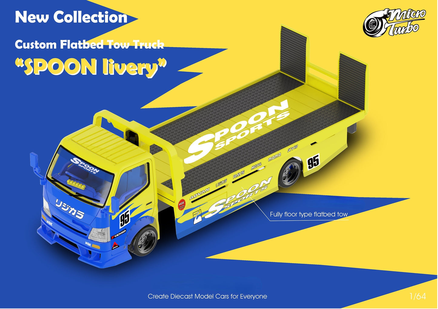 Diecast MicroTurbo HINO 300 Custom Flatbed Tow Truck Spoon Livery 1:64