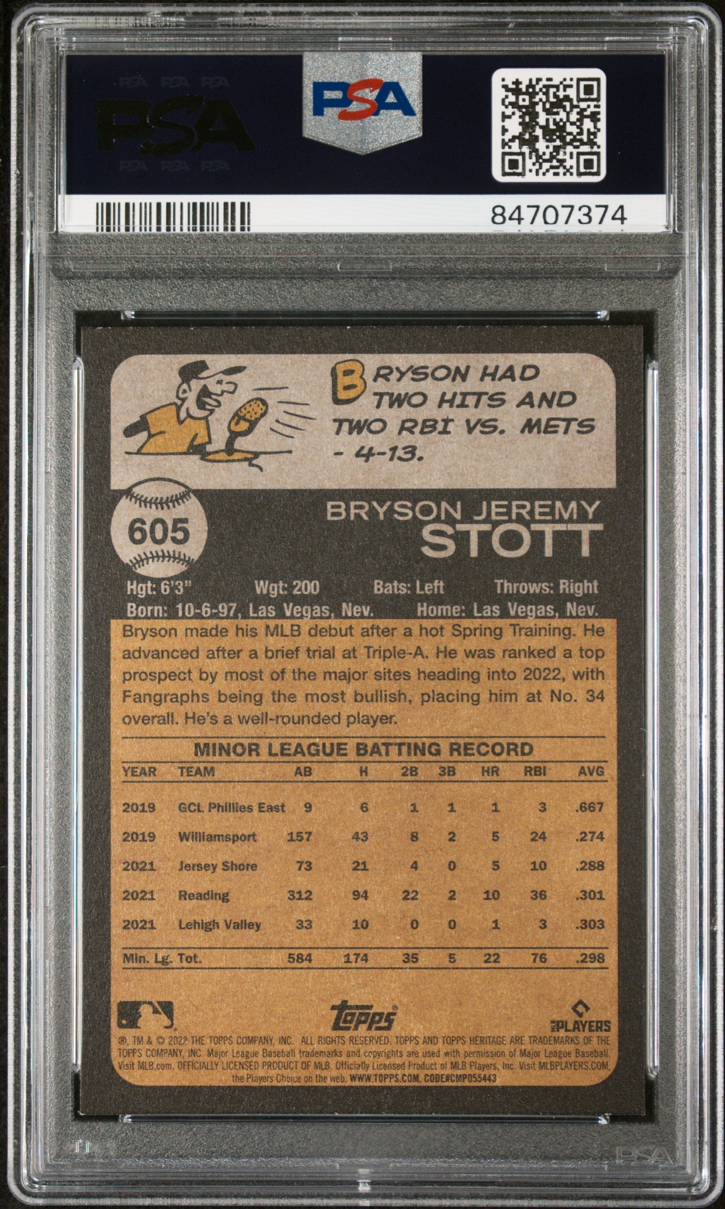 Bryson Stott 2022 Topps Heritage Rookie Card PSA 10
